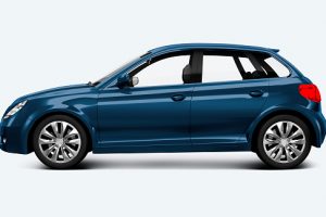 Side view of a blue hatchback in 3D